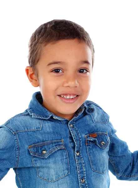 Bonito Feliz Menino Africano Camisa Jeans Isolado Fundo Branco — Fotografia de Stock