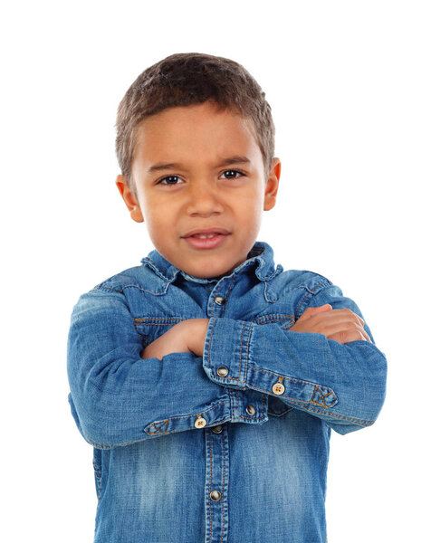 cute little African boy in denim shirt with arms crossed isolated on white background