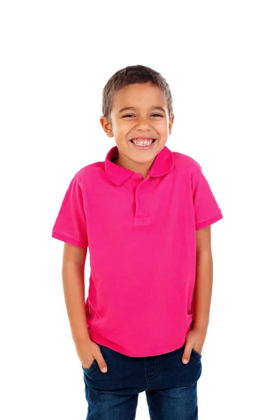 Bonito Feliz Menino Africano Rosa Shirt Isolado Fundo Branco — Fotografia de Stock