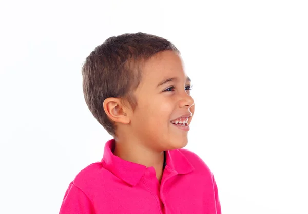 Bonito Feliz Menino Africano Rosa Shirt Isolado Fundo Branco — Fotografia de Stock