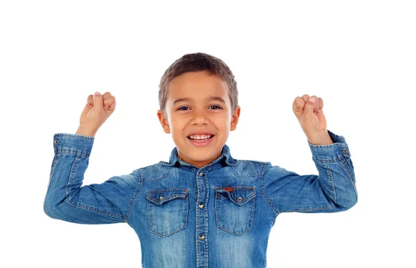 Bonito Feliz Pouco Africano Menino Denim Camisa Levantando Seus Braços — Fotografia de Stock