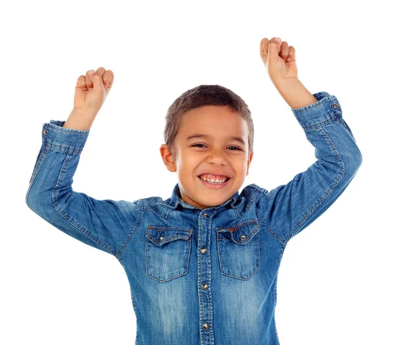 Lindo Niño Africano Feliz Camisa Mezclilla Levantando Sus Brazos Aislados — Foto de Stock