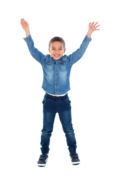 Lindo Niño Africano Feliz Camisa Mezclilla Levantando Sus Brazos Aislados —  Fotos de Stock