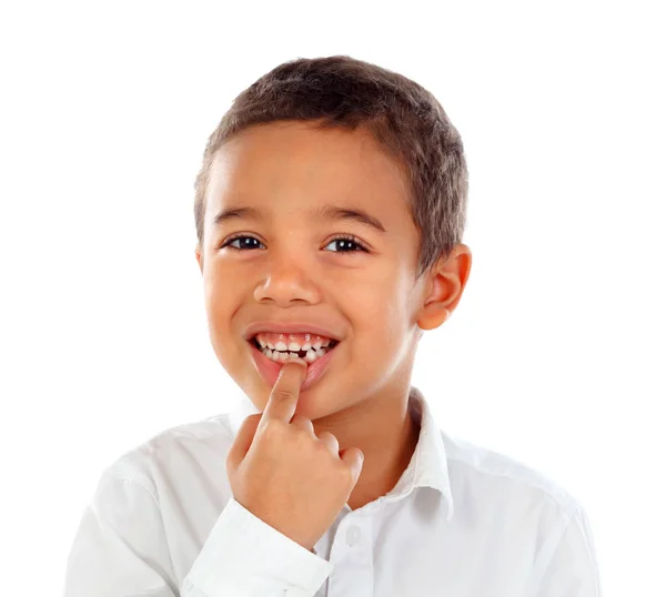 Bonito Feliz Menino Africano Camisa Branca Mostrando Seus Novos Dentes — Fotografia de Stock