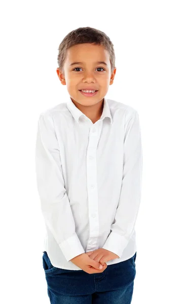 Lindo Niño Africano Feliz Camisa Blanca Aislado Sobre Fondo Blanco — Foto de Stock