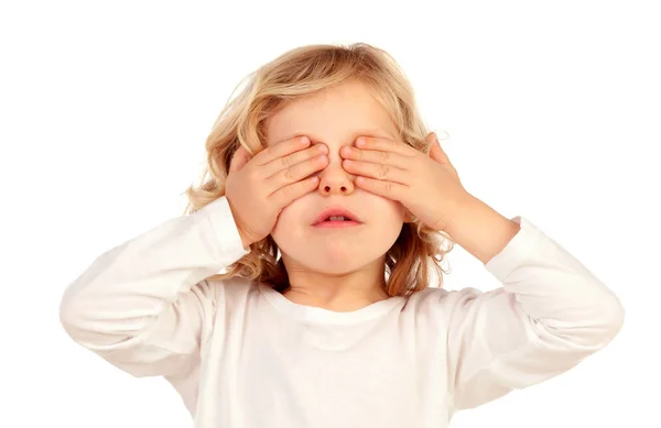 Portrait Little Child Long Blond Hair Covering Eyes Isolated White — Stock Photo, Image