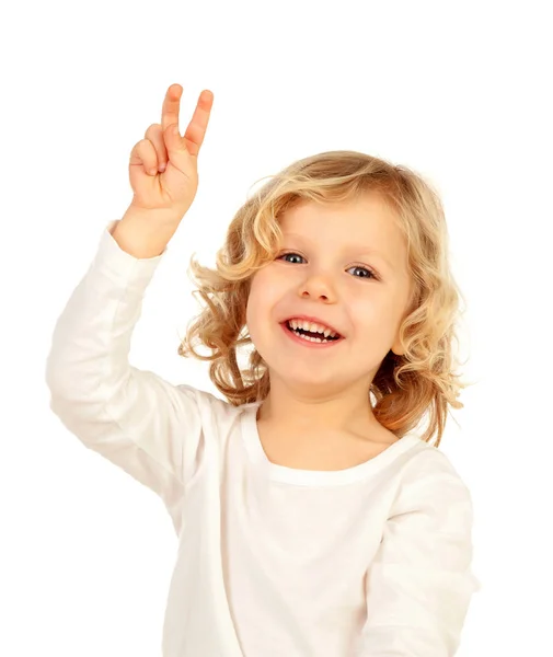 Retrato Niño Feliz Con Pelo Largo Rubio Mostrando Los Dedos — Foto de Stock