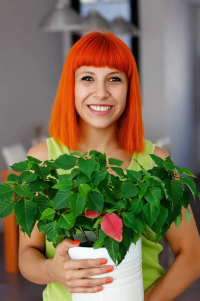 Redhead Happy Woman Home Holding Beautiful Pot Plant — Stock Photo, Image