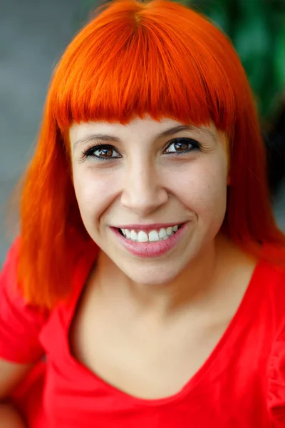 Happy Beautiful Redhead Young Woman Red Shirt Posing Home — Stock Photo, Image