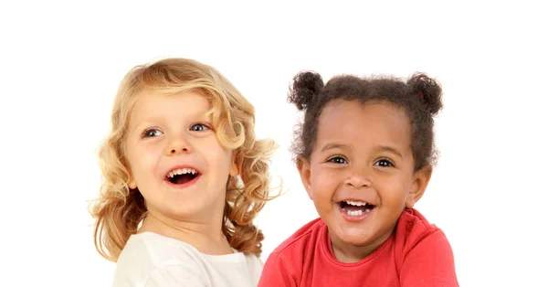 Duas Crianças Bonitos Felizes Posando Isolado Fundo Branco — Fotografia de Stock