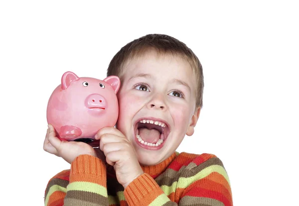可爱的小男孩抱着蓝小猪银行孤立的白色背景 — 图库照片