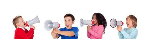 Dzieci Krzycząc Przez Megafony Mały Chłopiec Białym Tle — Zdjęcie stockowe