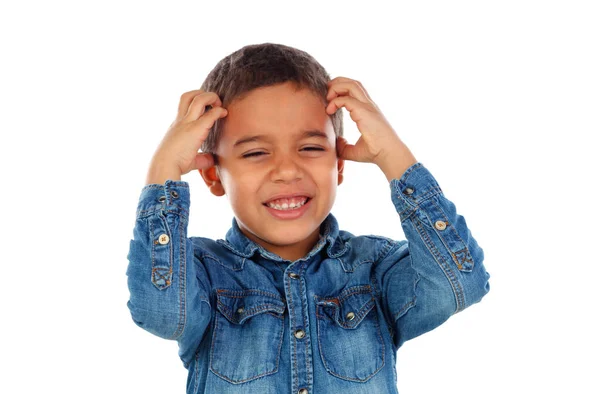 Cute Little African Boy Denim Shirt Suffering Headache Isolated White — Stock Photo, Image