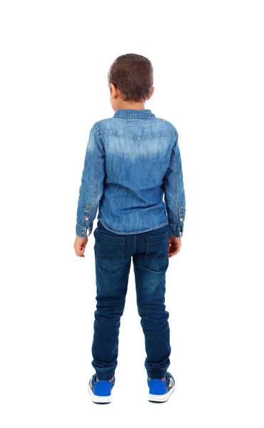 Achteraanzicht Van Schattige Kleine Afrikaanse Jongen Denim Overhemd Geïsoleerd Witte — Stockfoto