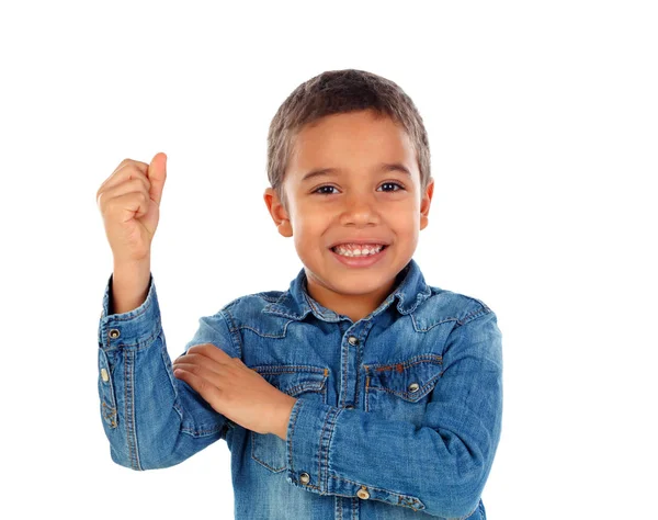 Bonito Feliz Menino Africano Camisa Jeans Mostrando Seu Bíceps Isolado — Fotografia de Stock