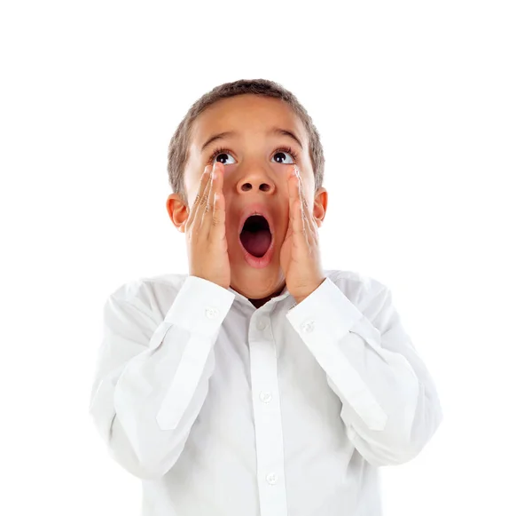 Cute Puzzled Little African Boy White Shirt Shouting Isolated White — Stock Photo, Image