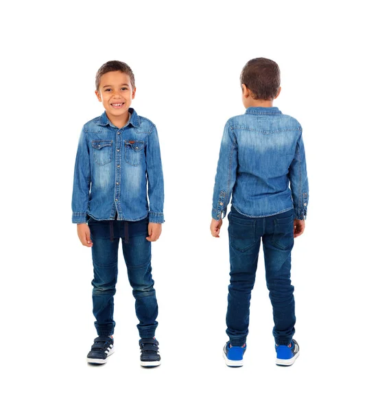 Söt Liten Afrikansk Pojke Jeansskjorta Och Jeans Isolerad Vit Bakgrund — Stockfoto
