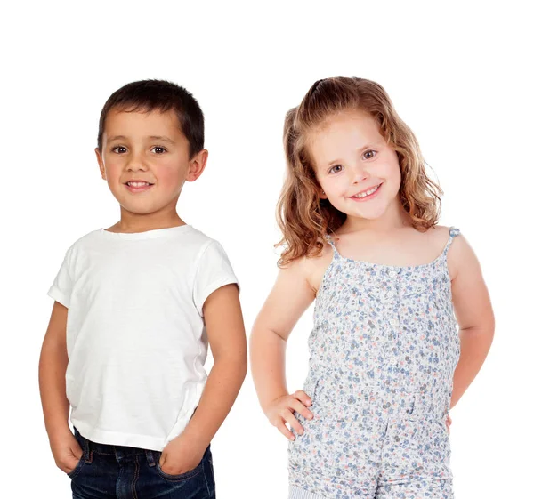 Twee Gelukkige Kinderen Geïsoleerd Witte Achtergrond — Stockfoto