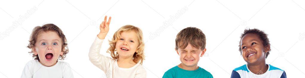 Four children making different expressions isolated on a white background