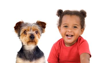 mutlu Afrikalı küçük kız ve beyaz arka plan üzerinde izole sevimli küçük köpek