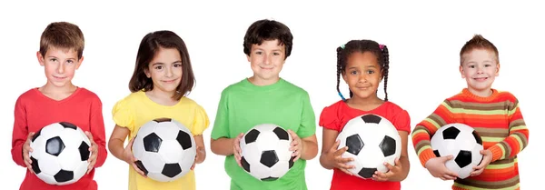 Cinco Niños Con Una Pelota Aislada Sobre Fondo Blanco —  Fotos de Stock