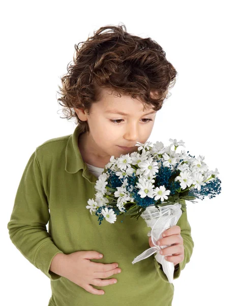 Mignon Petit Garçon Avec Bouquet Fleurs Isolé Sur Fond Blanc Image En Vente