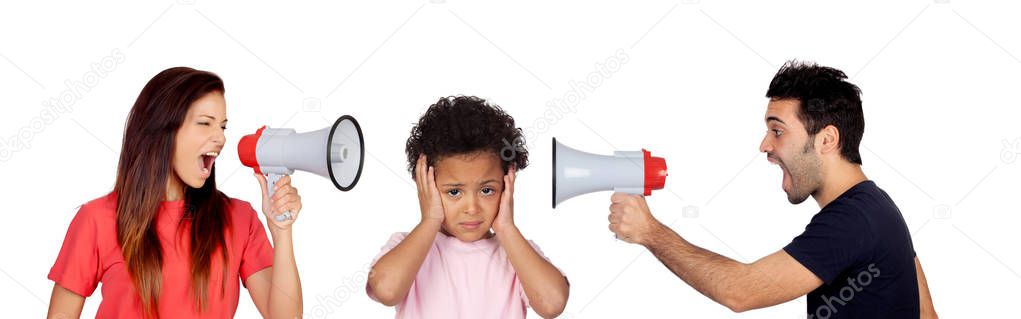 man and woman with megaphones and little african boy covering ears isolated on white background