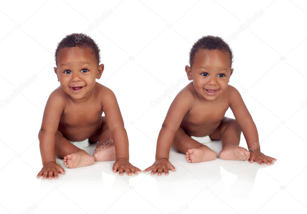 two funny and happy african babies  isolated on white background
