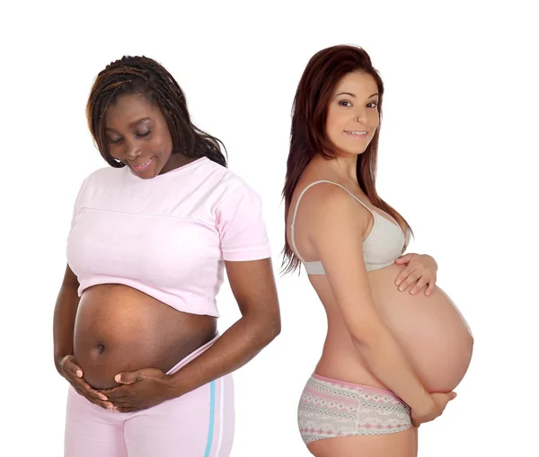 Dos Mujeres Embarazadas Posando Aisladas Sobre Fondo Blanco — Foto de Stock