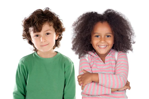 Happy African Little Girl Caucasian Boy Isolated White Background — Stock Photo, Image