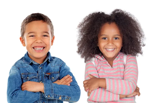 幸せの白い背景の分離されたアフリカの小さな女の子と男の子 — ストック写真