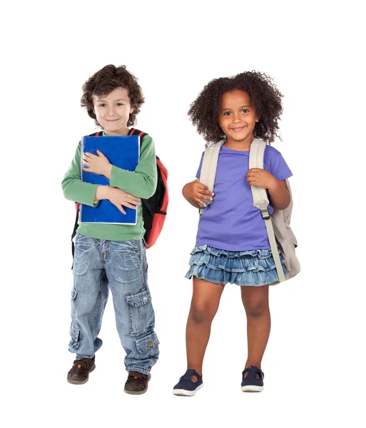 Casal Dois Alunos Felizes Com Mochilas Volta Conceito Escola — Fotografia de Stock