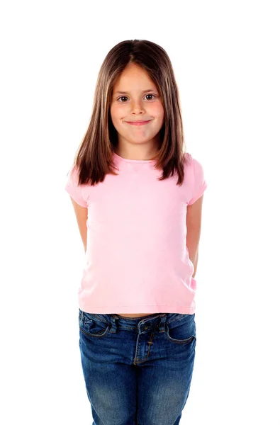 Menina Feliz Posando Isolado Fundo Branco — Fotografia de Stock