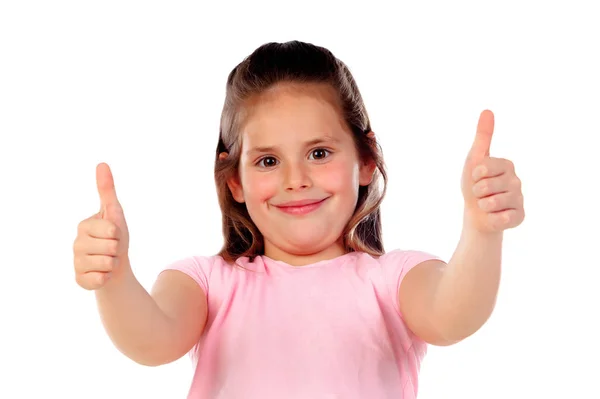 Glückliches Kleines Mädchen Zeigt Daumen Nach Oben Isoliert Auf Weißem — Stockfoto