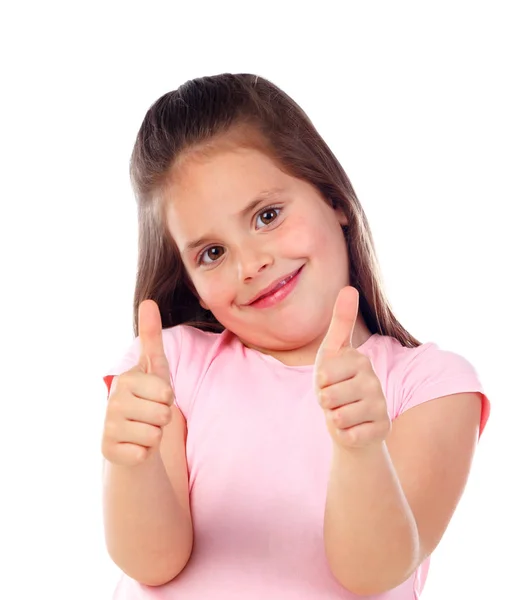 Щаслива Маленька Дівчинка Показує Великі Пальці Вгору Ізольовано Білому Тлі — стокове фото