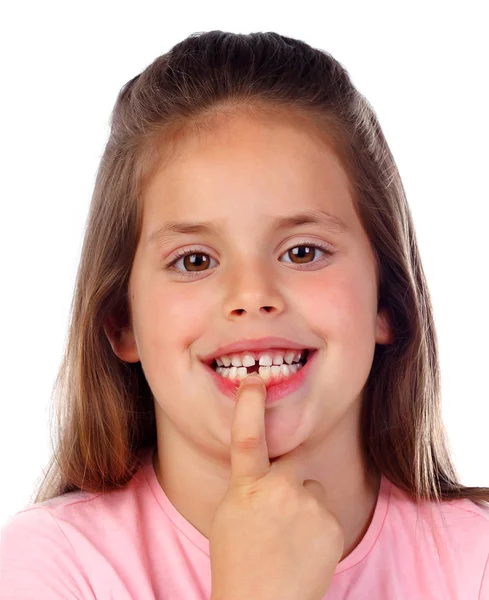 Menina Feliz Mostrando Dentes Isolados Fundo Branco — Fotografia de Stock