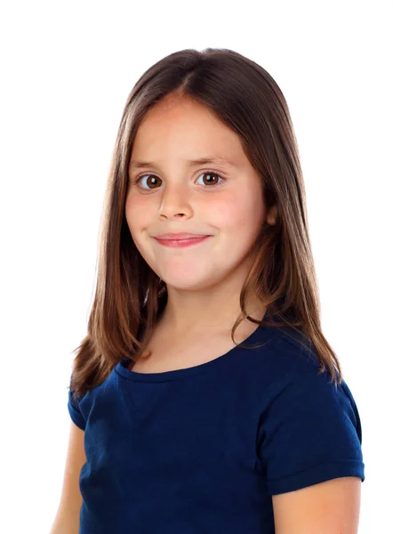 Gelukkig Klein Meisje Het Blauw Shirt Poseren Geïsoleerd Witte Achtergrond — Stockfoto