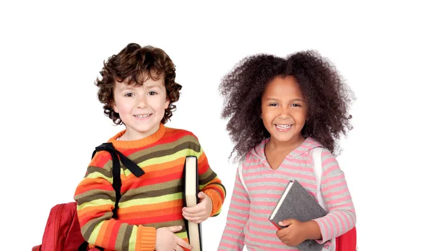 Glücklicher Junge Und Mädchen Mit Schulbüchern Isoliert Auf Weißem Hintergrund — Stockfoto