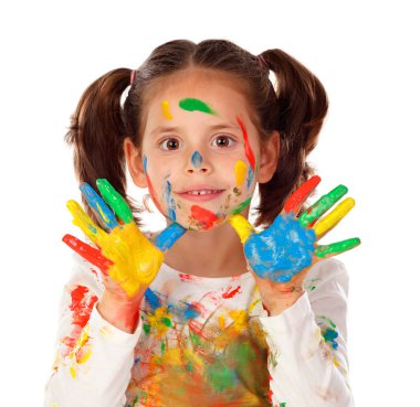 Beyaz arka plan üzerinde izole boya kız el ve yüz ile kaplı