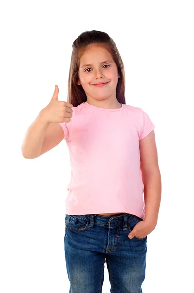 Счастливая Маленькая Девочка Показывающая Большой Палец Белом Фоне — стоковое фото