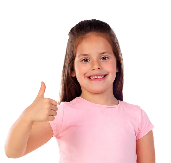 Happy Little Girl Showing Thumb Isolated White Background — Stock Photo, Image