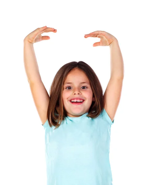 Menina Feliz Mostrando Seu Crescimento Isolado Fundo Branco — Fotografia de Stock