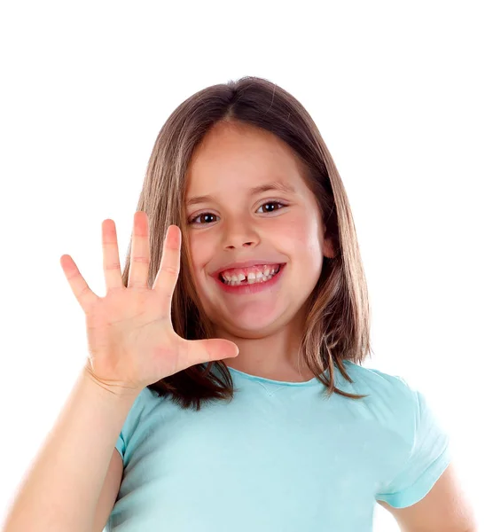Beyaz Arka Plan Üzerinde Izole Parmakları Saymak Mutlu Küçük Kız — Stok fotoğraf