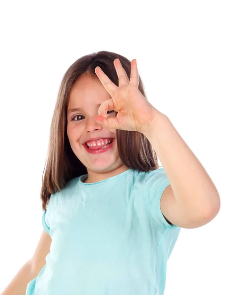 Menina Feliz Mostrando Gesto Isolado Fundo Branco — Fotografia de Stock