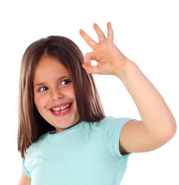 Menina Feliz Mostrando Gesto Isolado Fundo Branco — Fotografia de Stock