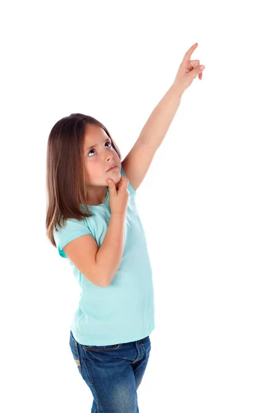 Bonito Menina Apontando Com Dedo Isolado Branco Fundo — Fotografia de Stock