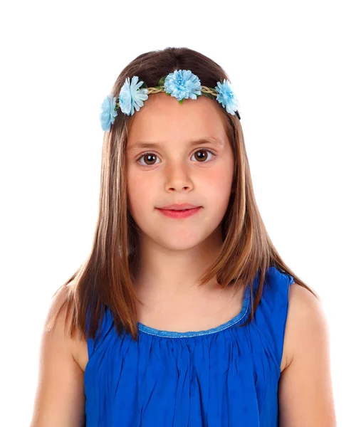 Szép Kislány Kék Virág Koszorú Elszigetelt Fehér Background — Stock Fotó