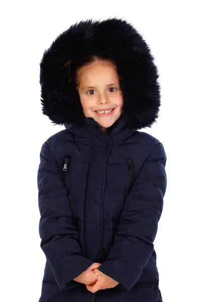 Fille Heureuse Avec Manteau Noir Capuche Isolé Sur Fond Blanc — Photo