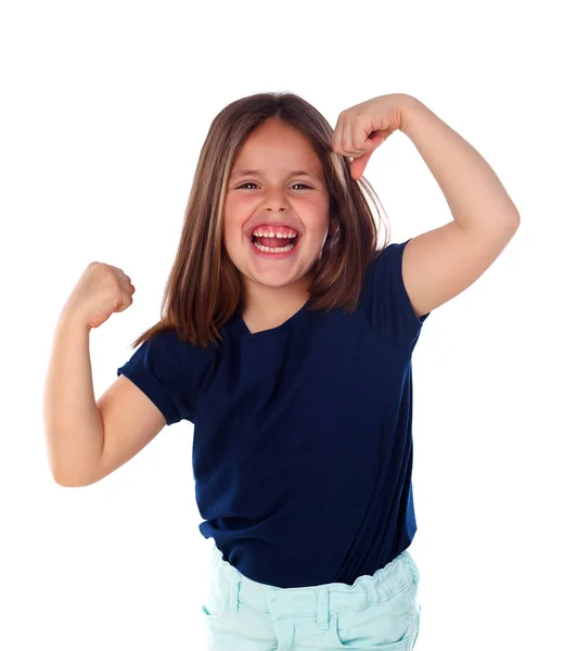 Menina Engraçada Mostrando Seus Músculos Isolados Fundo Branco — Fotografia de Stock