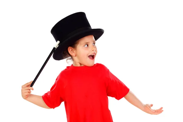Όμορφο Μικρό Κορίτσι Κάνει Μαγικά Κορυφαίο Καπέλο Και Μαγικό Ραβδί — Φωτογραφία Αρχείου